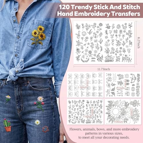 CLRDIVA Hand Embroidery Kit for Clothes: 120 Trendy Designs Flower Embroidery Patterns Stick and Stitch Transfers - Stamped Water Soluble Stabilizers for Adult Experienced Crafters DIY T-Shirts Jeans