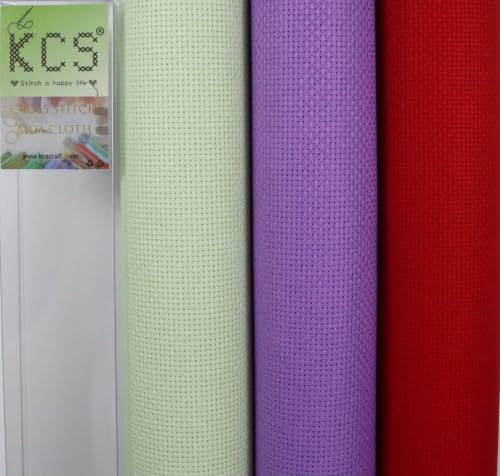 KCS 3 pc of 15" x 18"(38cmx45cm) Counted Cross Stitch Cotton Aida Cloth Needlework Rolled Fabric Box,14CT,Light Green+Lavender+Red - color: Light Green+lavender+red, size: 14CT