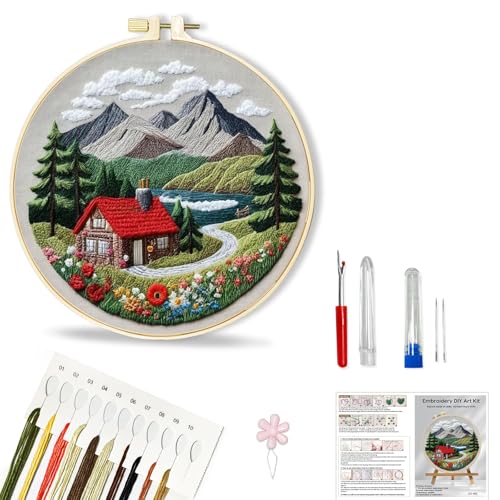 Huacan 1pc House Embroidery Kits for Beginners Mountains River Landscape Small Cross Stitch Kits Ideal for Crafting Art & Gifts