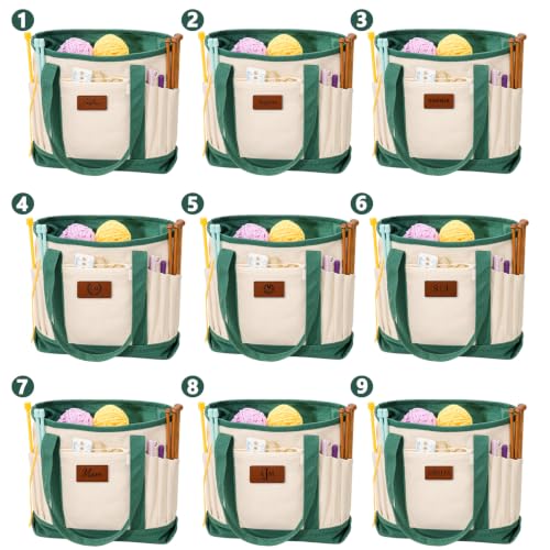 Personalized Crochet Bag with Custom Leather Patch or Embroidered Name, Canvas Knitting Tote for Yarn Storage, Crochet Organizer with Multiple Pockets, Custom Gift for Crocheters & Knitters - color: Nature-Green, size: Make it Personal