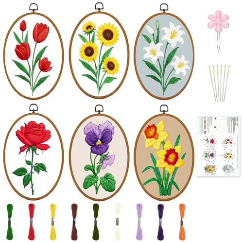 INFUNLY 6 Pack Elliptical Shape Embroidery Starter Kit for Beginners Flowers DIY Embroidery Kits for Adults Sunflower Rose Stamped Needlepoint Set with Step-by-Step Instructions Craft Lover Gift - style: Elliptical