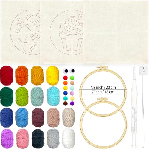 HAND U JOURNEY Punch Needle Kit, 18 Colors Yarn & 2 Hoops