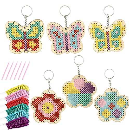 VKPI Wooden Cross Stitch Kits for Kids, Make Your Own 6 Cross Stitching Keyrings, Wood Sewing Kit, Arts & Crafts Butterfly, Flower Ornaments, Embroidery Kit for Beginners, Girls, 6-13 - color: Butterfly & Flower