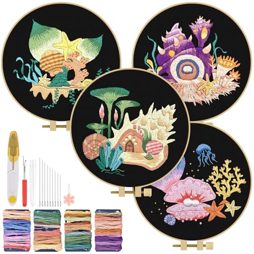 TINDTOP 4 Pack Embroidery Kit for Adult, Embroidery DIY Starter Kit - color: Shell