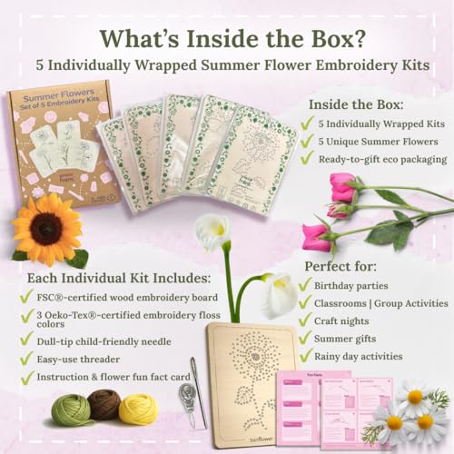 Wooden Flower Lacing Embroidery Kits for Beginners, Set of 5 Learn-to-Stitch Craft Boards, Sewing & Embroidery Art Kits for Kids Ages 8+, DIY Craft Projects, Educational Gifts, Party Favors (Summer) - style: Summer