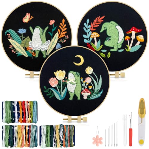 TINDTOP 3 Sets Embroidery Kit for Adults, Frog Embroidery Practice Kit - color: Frog