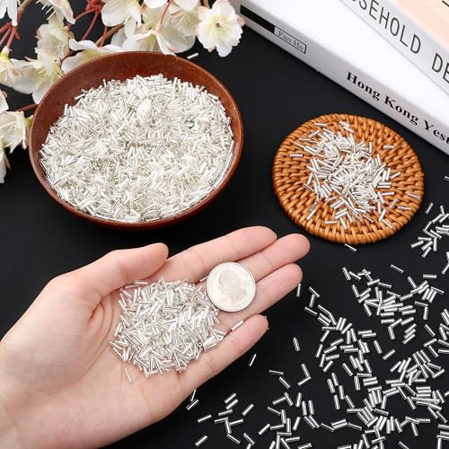 3000PC Silver Glass Bugle Beads 6MM Silver Tube Beads - color: silver