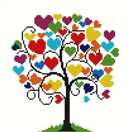 HKLIOPU Stamped Cross Stitch Kits - Love Tree Embroidery Starter Kit for Adult Beginners, 11CT Needlepoint Cross-Stitch Patterns Dimensions Kit Arts and Crafts 13.8X 13.8 inch - color: USL-002