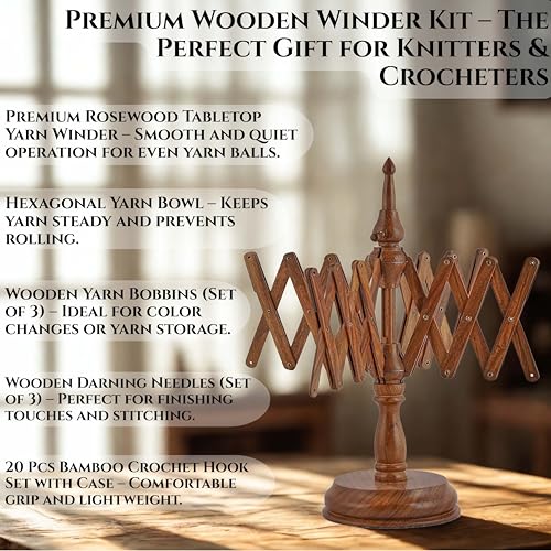 Brainmart Rosewood Yarn Winder & Swift with Wooden Yarn Bowl – 30pcs Crochet Kit | Handcrafted Wooden Ball Winder, Crochet Hooks Set, Bobbins, Weaving Needles for Knitting, Crocheting & Weaving