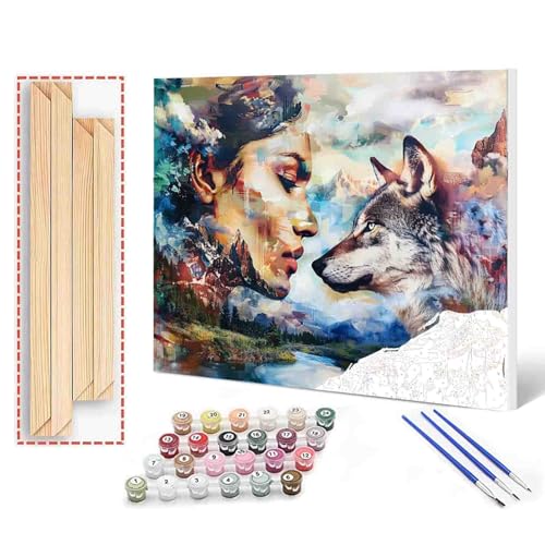 Aihonmin Paint by Numbers for Adults Beauty and The Beast Girl Grey Wolf Paintings DIY Kit for Adult Kids Beginner on Canvas Paint Acrylic Home Bedroom Wall Decor Handmade Holiday Gifts（Manual Frame - color: Art-02, size: 16''Wx20''H(DIY Frame)