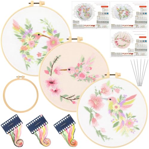 Mindsoft 3 Set Needlepoint Kit for Beginners with Hoop,Flower Hummingbird - style: Flower Hummingbird