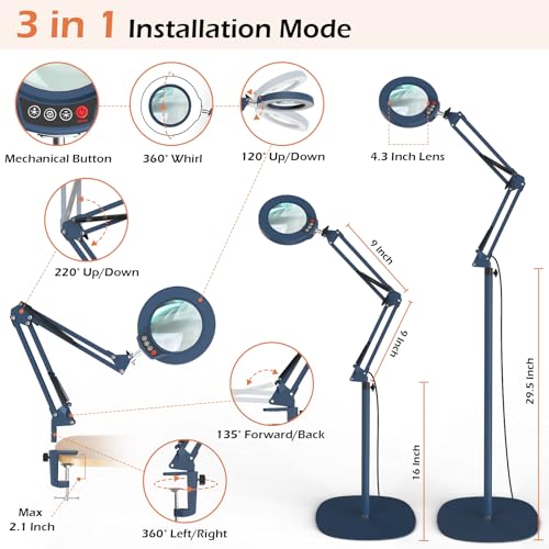 12X Real Glass Magnifying Glass with Light and Stand, LED 5 Color Modes, Stepless Dimmable Magnifying Floor Lamp, 3-in-1 Adjustable Swing Arm Lighted Magnifier Lamp with Clamp for Craft - Blue - color: Blue