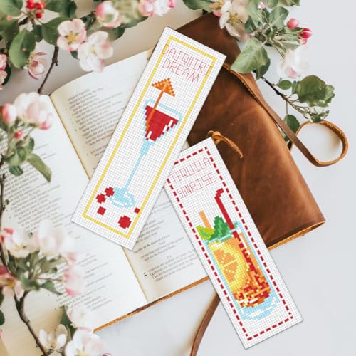 BEUNITONE 6 Pcs Summer Cross Stitch Bookmark Kits for Beginners Cocktail Sun Set Text Pattern Counted Cross Stitch DIY Stamped Embroidery Kits with Instructions for Book Lover Reader Writer 8''x2.4'' - style: Cocktail