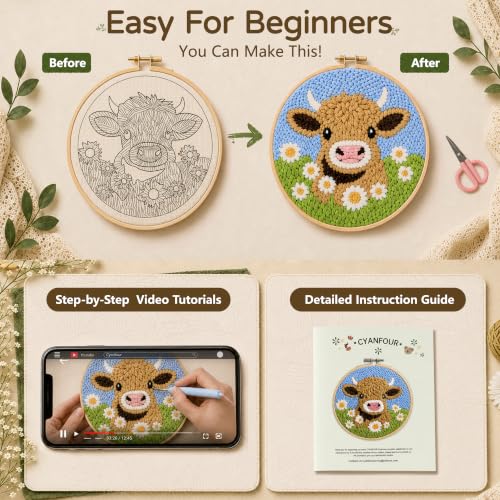 CYANFOUR Punch Needle Kit for Beginners, Horse Punch Needle Kits Adults, Craft Kits for Adults with 2 Pre-Printed Fabrics, Embroidery Hoop, Threads, DIY Gift and Home Decor 20 * 20cm - color: Horse