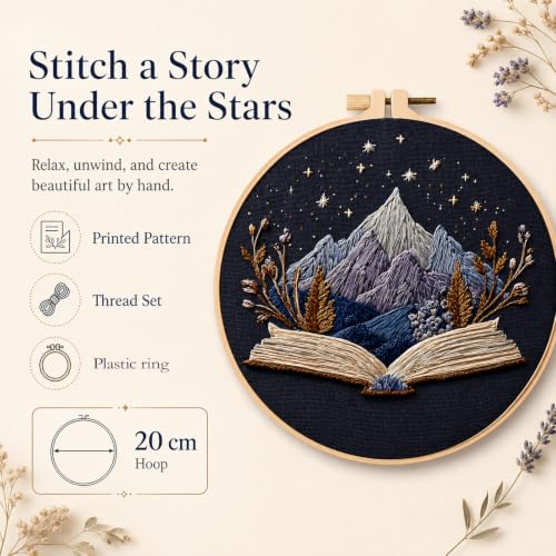 Qvthpv Embroidery Kit for Beginners, Stamped Mountain Book Night - color: Mountain Story Night