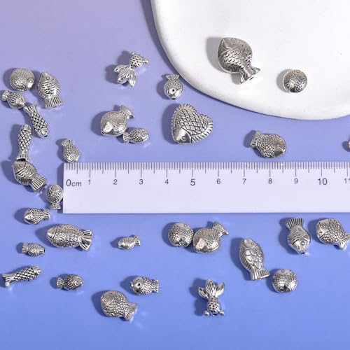 stino Silver Metal Spacer Beads for Jewelry Making, Heart Butterfly Flower Fish Beads for Bracelet Necklace Earrings,Jewelry Findings & Supplies, 50g (Fish (30PCs)) - color: Fish (30PCs)
