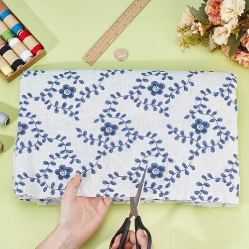 BENECREAT 3.17~3.3 Yards Linen Floral Fabric, 60 Inch Wide Decorative Fabric for Upholstery, Clothing Sewing and DIY Crafts, Blue & White