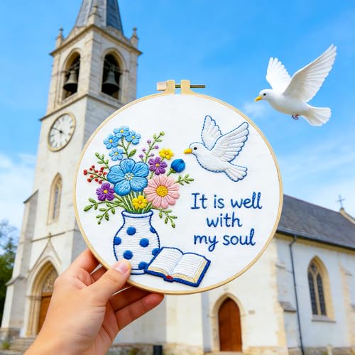 BEUNITONE 6PCS Bible Cross Pattern Embroidery Starter Kit, Hand Embroidery Kits for Adults Beginners Include Hoop Needles Threads and Instruction, Funny Needlepoint Craft Kits for Gifts and Home Decor - style: Bible