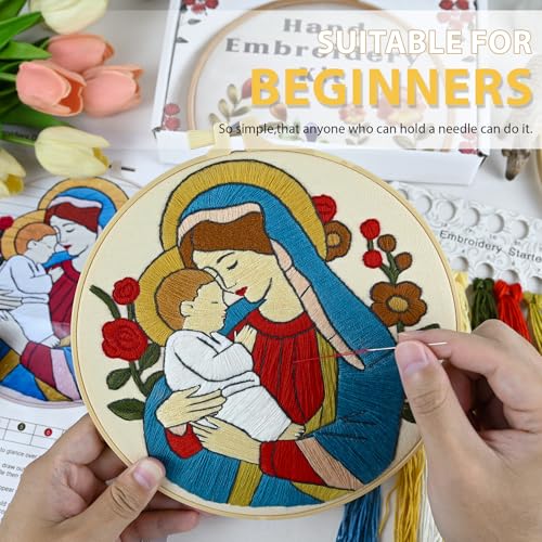 Christian Embroidery Kit for Beginners Adults, Virgin Mary Easy Cross Stitch Kit Jesus and The Holy Mother Mary Pattern Embroidery Starter Kits with Wooden Hoop Needles Threads and Instruction - color: Virgin Mary