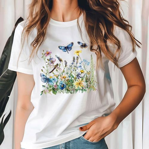 Spring Summer Iron on Transfer Stickers Watercolor Flower Butterfly Dragonfly Design DTF Ready to Press Patches Various Floral Theme Heat Transfer HTV Vinyl Decals Iron on Patches for Clothing T-Shirt - color: Colorful Flower Butterfly