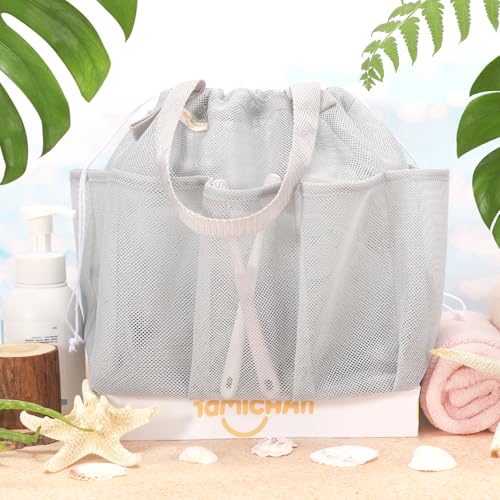 famichan Mesh Shower Caddy Portable with Drawstring, Dorm Room Essentials for College Students, Grey Shower Bag for Camping,Swimming,Gym,Travel,Bathroom - color: GREY