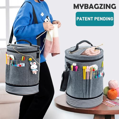 MYBAGZING Expandable Crochet Bag Organizer w/Yarn Grommets& Zipper Closure - color: Grey-Ⅱ, size: Medium-Zipper Closure