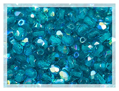 100pcs Faceted Fire Polished Pressed Czech Glass Beads 4mm (0.16in), Aqua Blue AB 60150-27801 - color: Aqua Blue AB