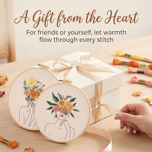 Harimau Adult Beginner Embroidery Starter Kit, Complete Set with 4 Patterns, 2 Hoops, Needles, Scissors, Instruction Guide & Stitching Video Tutorials - color: Human body art patterns