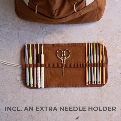 Stylish Crochet Bag Organizer for Yarn - Durable Canvas with 8 Pockets - color: Brown