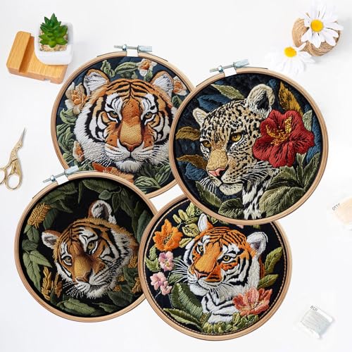 LB 4 Pack Wildlife Animal Leopard Embroidery Kit for Beginners Green Leaf Beginner Embroidery Kit for Adults DIY Starter Kit with Embroidery Hoop Colorful Threads Tools Step by Step Instructions - color: Green