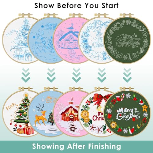 ERKOON 5 Sets Embroidery Kit for Beginners, Christmas Cross Stitch Set with Easy Pattern Embroidery Cloth Hoops Threads for Craft Lover Hand Stitch - color: 5pcs Christmas
