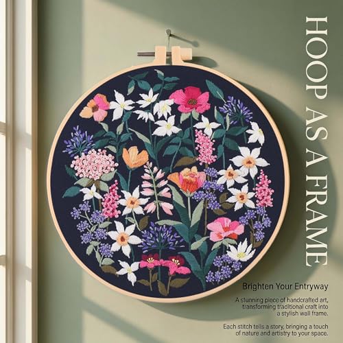 Harimau Adult Beginner Embroidery Starter Kit, Complete Set with 4 Patterns, 2 Hoops, Needles, Scissors, Instruction Guide & Stitching Video Tutorials - color: Floral1 pattern