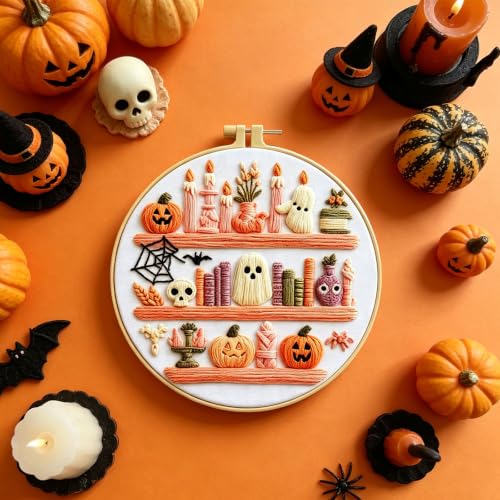 RUIQLXHANG Halloween Ghost Reading Embroidery Kit for Beginners - color: Halloween Bookshelf