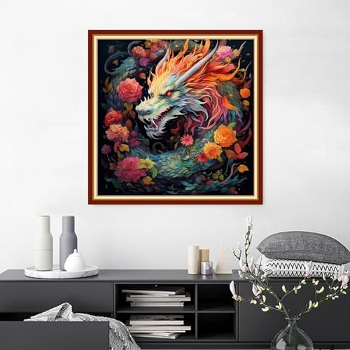 Findvoor Stamped Cross Stitch Kits for Beginners Full Range of Cross Stitching Embroidery Pattern for Adults, 11CT DIY Needlepoint Embroidery Starter Kits-Dragon Flower 17.7x17.7 inch - color: StampedKits 09