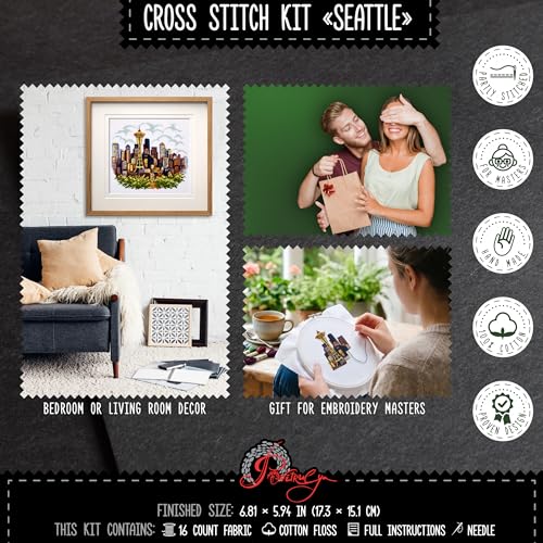 Povitrulya Counted Cross Stitch Kit for Adults “Seattle” - Cityscape Hand Embroidery Set with Paper Pattern, 14 Count Aida Cloth and Pre-Sorted Cotton Floss