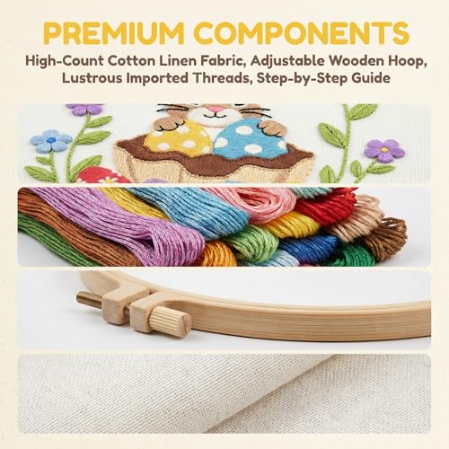 WaFtesh Embroidery Kits for Beginners Adult, DIY Hand Embroidery Cross Stitch Starter Set with Pattern, 3D Rabbit Needlepoint & Cross Stitch 7.9 Inch Hoop Threads, Needles, Instruction - color: Bunny-1