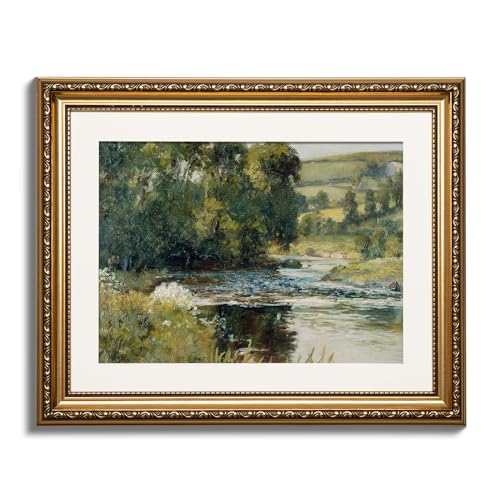 ARPEOTCY Vintage Gold Framed Wall Art, Nature Streamside Retro Paintings, Canvas Prints Artwork with Antique Frame, Victorian Wall Pictures Decor for Living Room Gallery Room 13x16 inch - color: Streamside, size: 16"L x 13"W