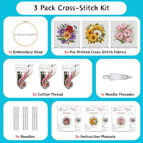 TCDZMYGS 3 Pack Flower Cross Stitch Kits for Beginners,with Hoop 8x8in - color: MY013-MY014-MY015