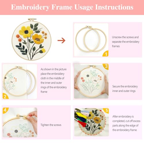Zhenqing Floral Embroidery Kit for Beginners, 3 Patterns, 7.8in Hoop - color: Garden Bloom Trio Embroidery Kit