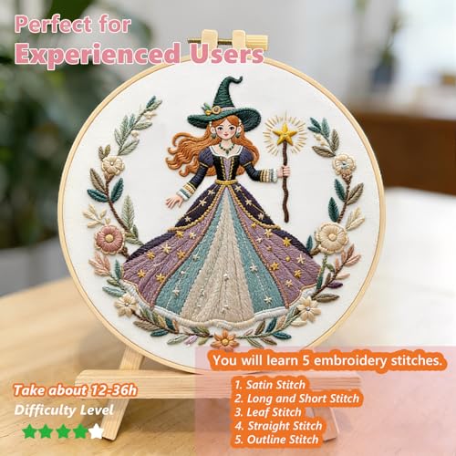 Embroidery Kit for Adults, Pre-Stamped Pattern Embroidery Kit for Beginners, DIY Hand Needlepoint Starter Kit with Hoop Thread Needle Instruction, 6.3'' Hoop (Witch 1 Pack) - style: Witch 1 Pack