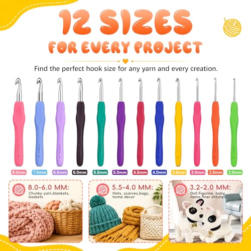 Crochet Hooks 12 Sizes Crochet Hook Set, 50 Pack Yarn Crochet Kit for Beginners, Knitting Needles with Ergonomic Handles for Arthritic Hands, Crochet Needle Kit with Blue Case for Crocheters