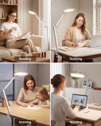 LitONES LED Desk Lamp with Clamp and Stepless Remote, Dual-Sided Soft Light - color: White