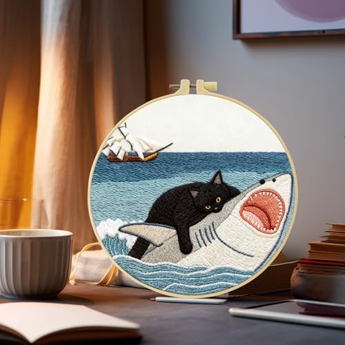 Black Cat Riding a Shark and a Sailboat Stamped Pattern Embroidery Kit for Beginners Adults Includes Cloth,Hoop,Color Threads,Needles and Instruction,Lover Hand Stitch with Embroidery Skill Techniques