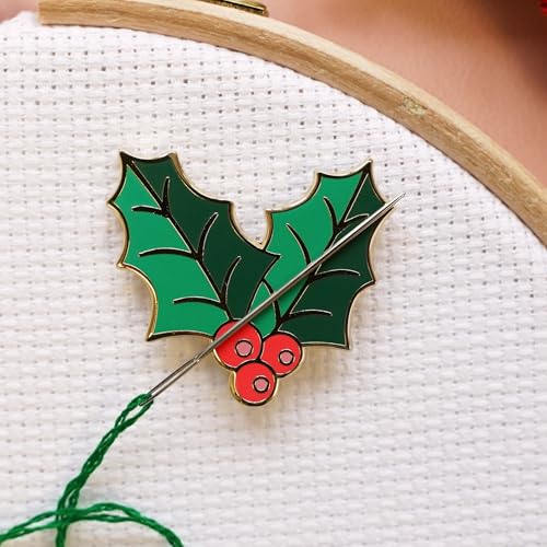 Caterpillar Cross Stitch Needle Minder - Holly Leaf for Cross Stitch, Sewing, Embroidery and Needlework Accessories, Enamel and Magnetic