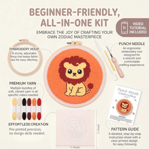 Harimau Punch Needle Kit Twelve Zodiac Signs Pattern,1Pc Embroidery Hoop, Essential Punch Needle Supplies,Ideal Punch Art for Beginners,DIY Adults Embroidery, Video Teaching - color: 65279