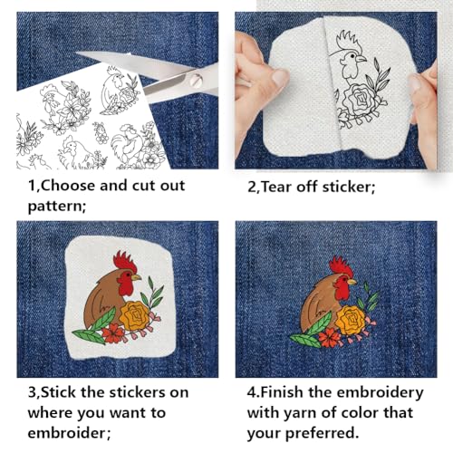 INFUNLY 58pcs Flowers and Chickens Water Soluble Embroidery Patterns Animals Plant Wash Away Stabilizer for Embroidery 4 Sheets Hand Sewing Stabilizers with Printed Rooster Patterns for Hand Crafters - color: Flowers and Chickens