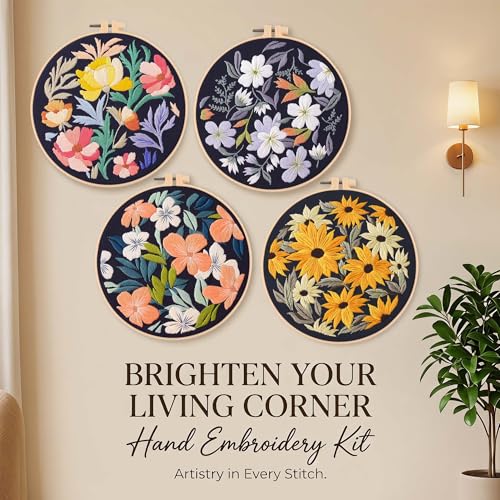 Harimau Adult Beginner Embroidery Starter Kit, Complete Set with 4 Patterns, 2 Hoops, Needles, Scissors, Instruction Guide & Stitching Video Tutorials - color: Floral9 pattern