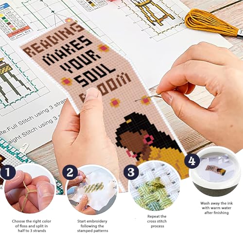 ACRNIGHEET 6PCS Cross Stitch Bookmark Kit for Beginner Women Reading Stamped Cross Stitch Kits Needlepoint Kit for Adults DIY Tassel Embroidery Bookmark Kits with Instructions Craft Gift 8.5"x3" 11CT - style: Women Reading with Tassel
