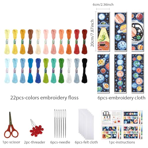 FREEBLOSS 6 Set Cross Stitch Bookmark Kit Planets Pattern Stamped Cross Stitch Kit 11CT Embroidery Kits with Instructions for Beginners Adult 20x6cm/8x2.4inch - style: Universal UFO