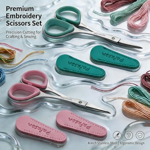 PAFASON Small Travel Sewing Embroidery Scissors Set Curve Straight Tip - color: Green+pink